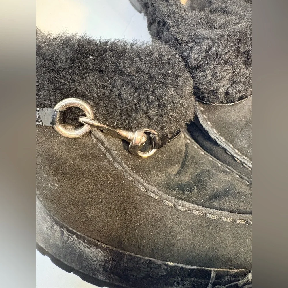 Coach Idyle Platform Mules in Black Suede and Faux-Shearling with Chain - Picture 14 of 16